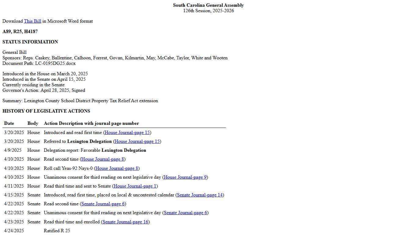2025-2026 Bill 4187: Lexington County School District Property Tax Relief Act extension